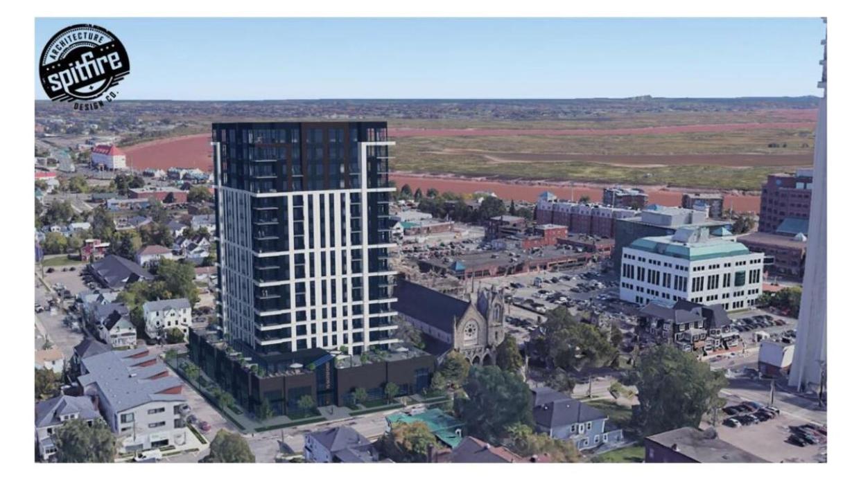 A rendering showing the proposed 18-storey tower beside St. Bernard's Church in downtown Moncton with the Petitcodiac River in the background looking toward Dieppe. (Spitfire Design/Amico Construction - image credit)