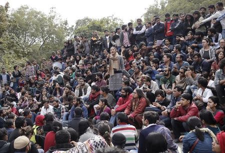 Students of Jawaharlal Nehru University (JNU) attend a protest inside the university campus in New Delhi, India, February 15, 2016. REUTERS/Anindito Mukherjee