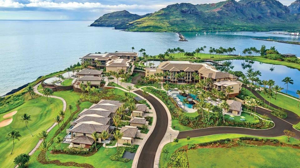 Aerial view of the Timbers Kauai resort, voted one of the best resorts and hotels in Hawaii