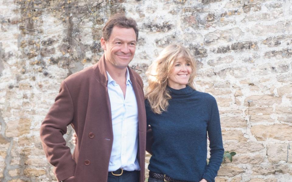 Dominic West and his wife Catherine FitzGerald make a statement to press outside their Wiltshire home after Dominic was seen kissing actress Lily James while in Rome - Frida/The Mega Agency