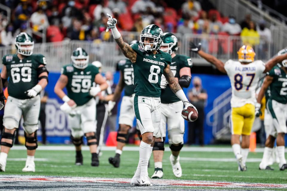 Michigan State wide receiver Jalen Nailor celebrates a first down during the second half of the 31-21 win over Pittsburgh in the Peach Bowl at the Mercedes-Benz Stadium in Atlanta on Thursday, Dec. 30, 2021.