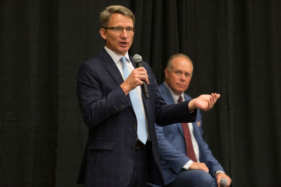 Joe Elison, a candidate running for Utah House District 72, speaks as his opponent, Willie Billings, looks on during a debate hosted by the Washington County Republican Party ahead of the primary election. The debates were held at the Dixie Convention Center in St. George on Tuesday, May 17, 2022.