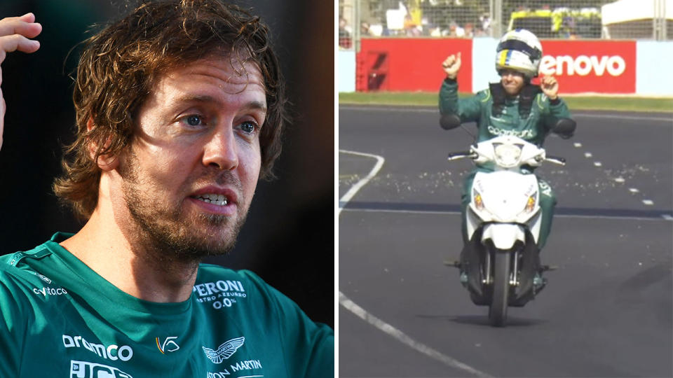 Sebastian Vettel is under investigation by the FIA after his moped ride back to the pits after breaking down during practice for the Australian Grand Prix. Pictures: Getty Images/Twitter