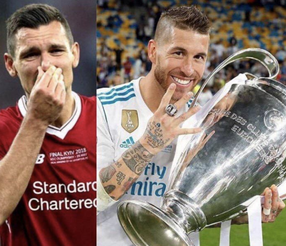 La imagen a la que dio ‘like’ Sergio Ramos en Instagram: a la izquierda, Lovren conmocionado tras perder la Champions, y a la derecha, el defensa madridista celebrando el último título conquistado en Kiev. | Foto: Instagram