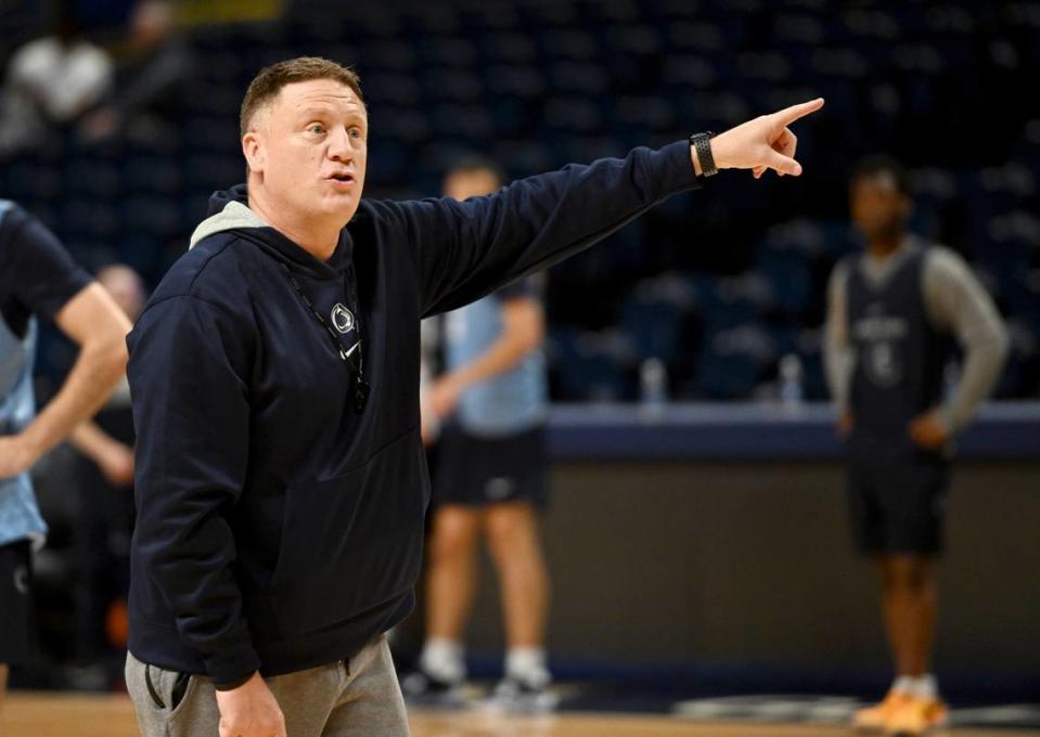 Coach Mike Rhoades yells instructions to his players during Penn State men’s basketball practice on Monday, Oct. 23, 2023.