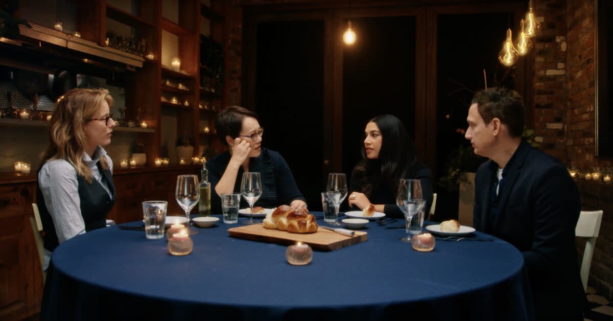 Tea Leoni, Rabbi Angela Warnick Buchdahl, Hannah Bronfman and Elon Gold discussing antisemitism in a video, Breaking Bread, created by Shine A Light.