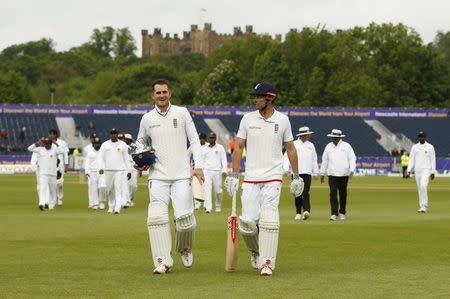 England's Alex Hales and Alastair Cook walk off at tea Action Images via Reuters / Jason Cairnduff