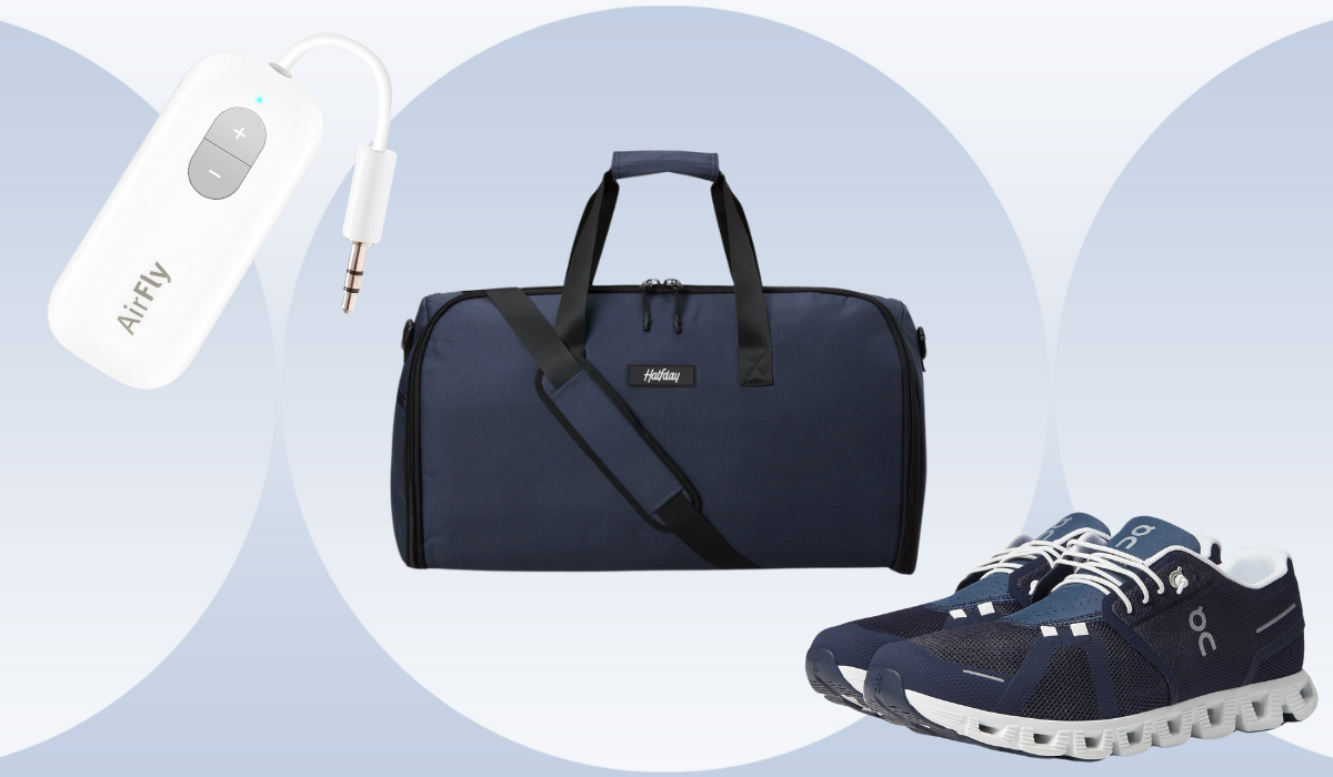 From left, AirFly, Halfday garment duffel, On Cloud 5 sneakers