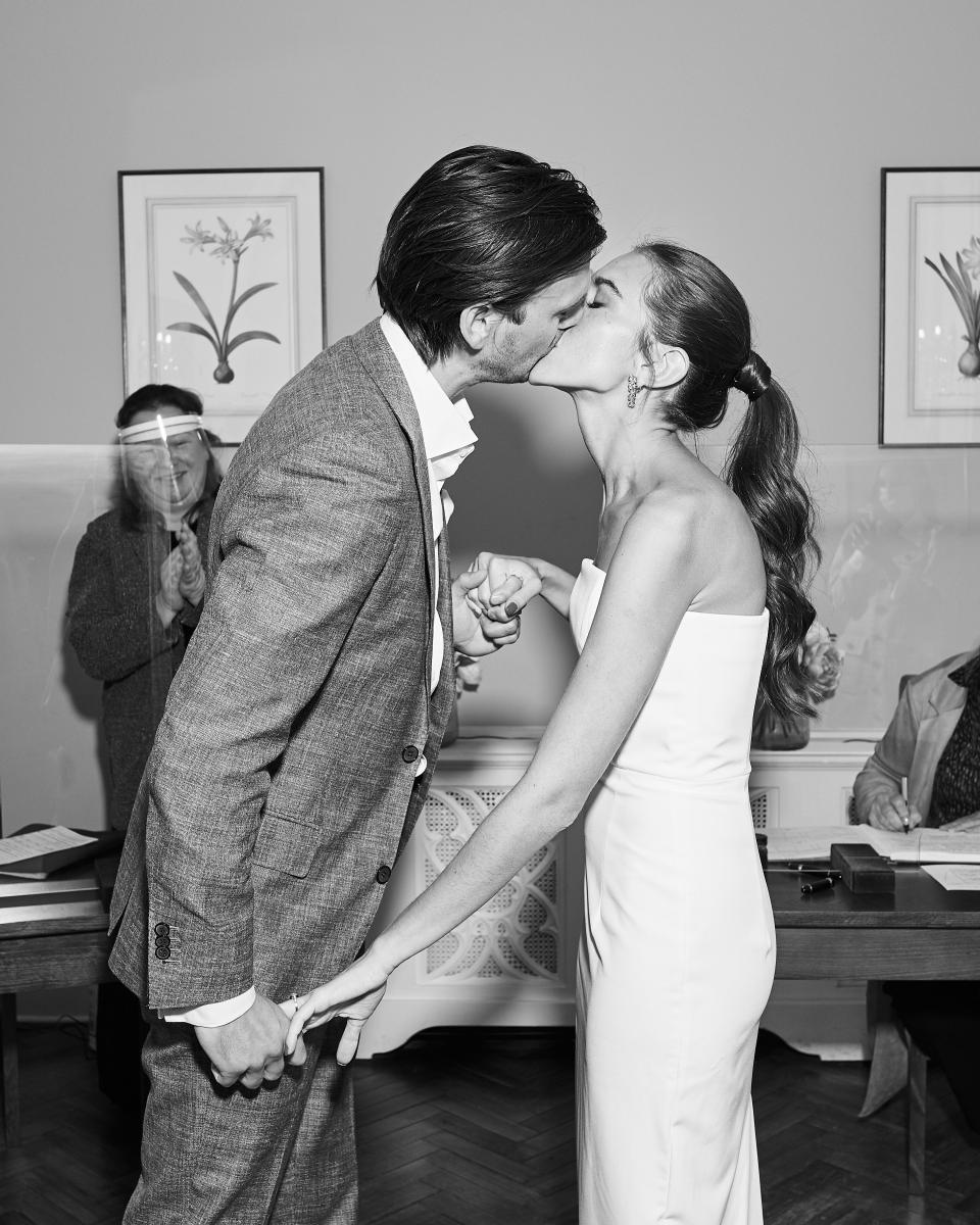 The Bride Wore Feathers for Her Civil Ceremony in London, and a Dress Embroidered With Peonies to Her Micro-Wedding in Portugal