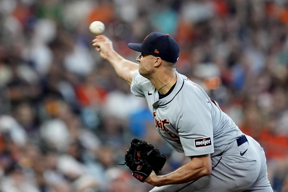 Detroit Tigers starting pitcher Jack Flaherty throws against the Houston Astros during the third inning of a baseball game Saturday, June 15, 2024, in Houston. (AP Photo/David J. Phillip)