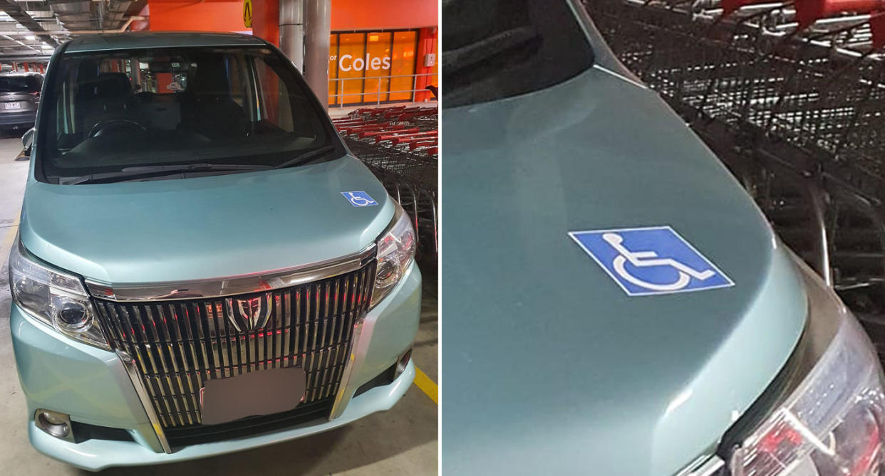 Car parked in disabled spot illegally (left) and the sticker up close (right).