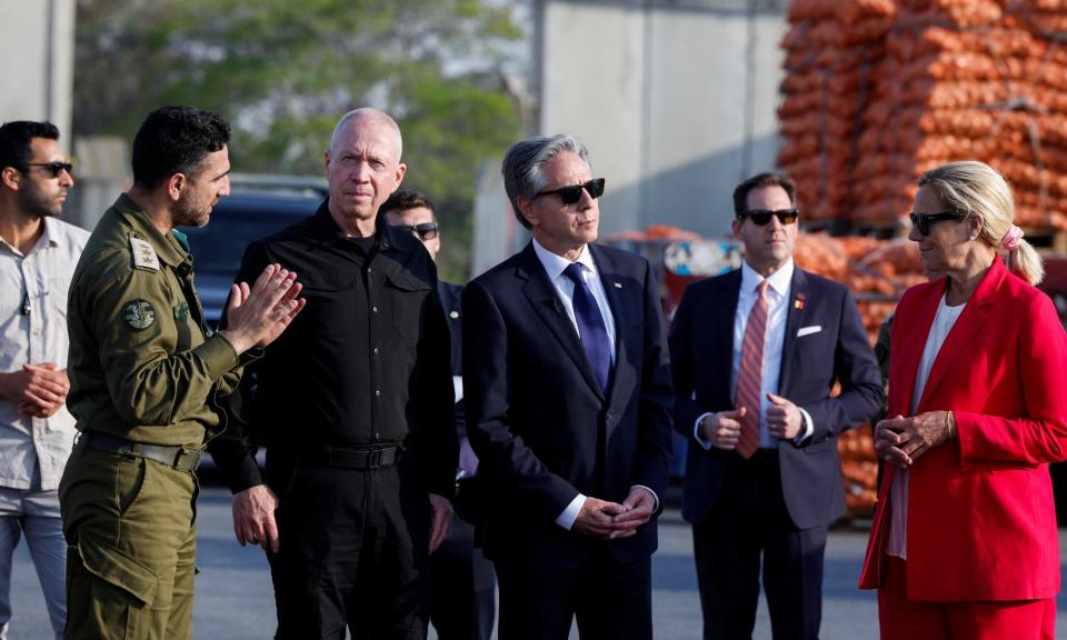 <span>The Israeli defence minister, Yoav Gallant, US secretary of state, Antony Blinken and the UN senior humanitarian coordinator for Gaza, Sigrid Kaag, at the Kerem Shalom crossing on 1 May.</span><span>Photograph: Evelyn Hockstein/Reuters</span>