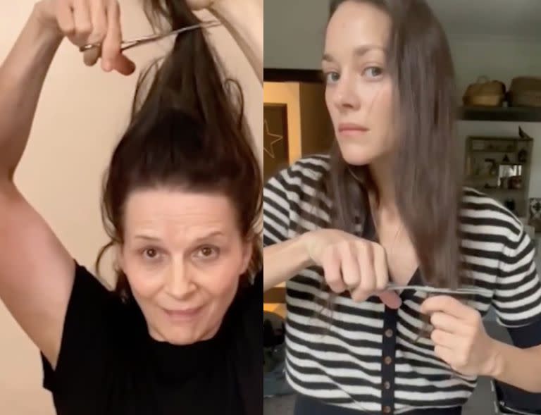 Marion Cotillard y Juliette Binoche cortándose el pelo en un contundente gesto