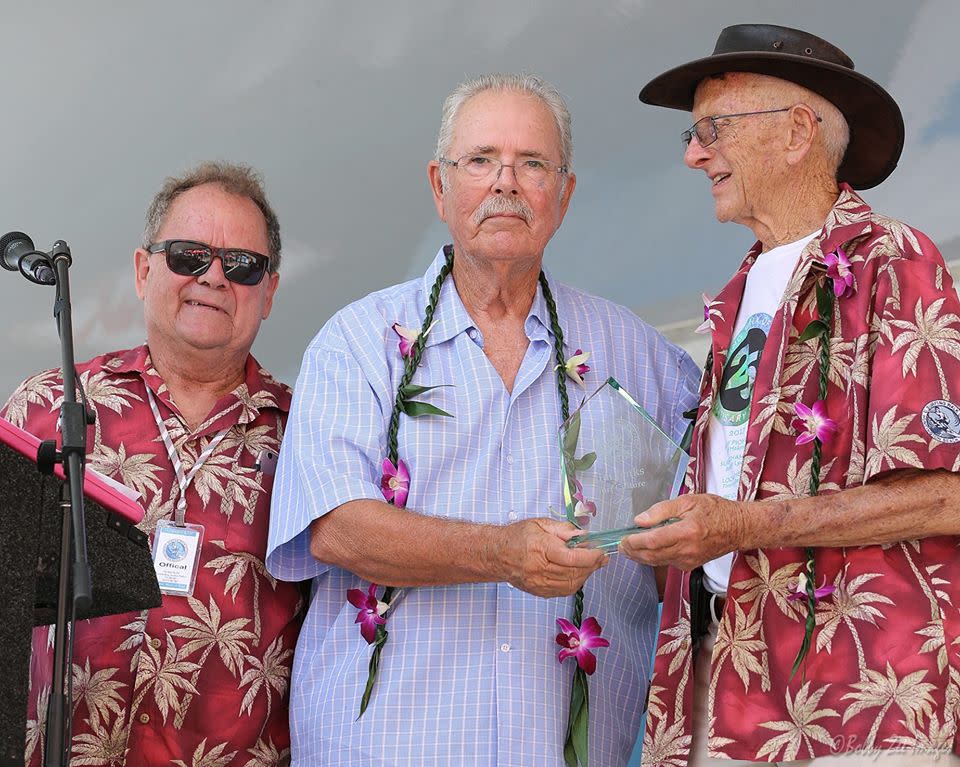 Jim Jenks being inducted into the Surfing Walk of Fame in Huntington Beach, California, in 2017. Courtesy SWOF