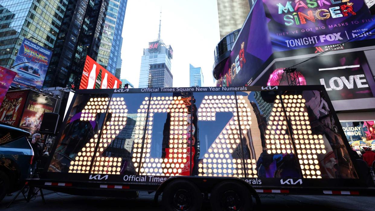  A view of the New Year's Eve '2024' Numerals, to be lit up at midnight on December 31, in New York's world-famous Times Square in United States on December 20, 2023. Just a few days before the new year, preparations for the New Year's Eve celebrations continue with great enthusiasm. (Photo by Lokman Vural Elibol/Anadolu via Getty Images). 