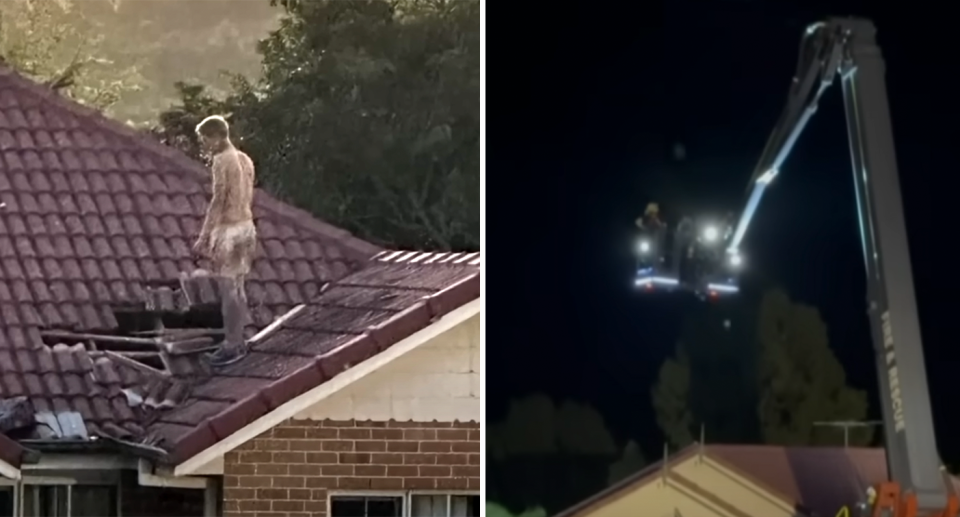 A 32-year-old man in seen on top of a Brisbane property during a police stand-off on Anzac Day, beside an image of a cherry picker that was brought in to help. 
