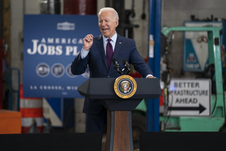 President Joe Biden speaks about infrastructure spending at the La Crosse Municipal Transit Authority, Tuesday, June 29, 2021, in La Crosse, Wis. (AP Photo/Evan Vucci)