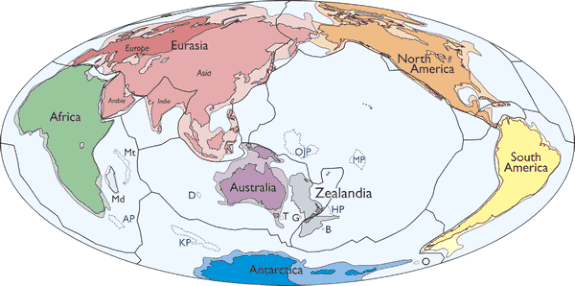 A map of Earth's tectonic plates and continents, including Zealandia.