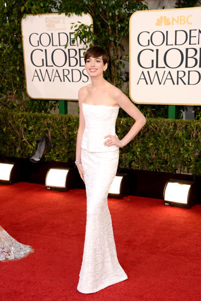 Golden Globes 2013: Anne Hathaway's flocked white Chanel gown had a romantic feel © Getty