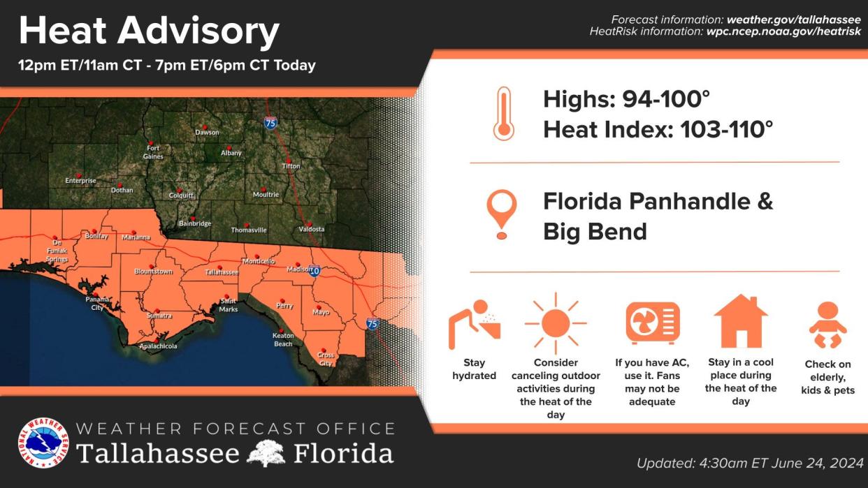 A heat advisory has been issued across Florida's Panhandle, North and Northeast Florida June 24, 2024.