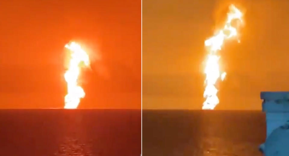Terrifying footage shows column of fire rising from the sea