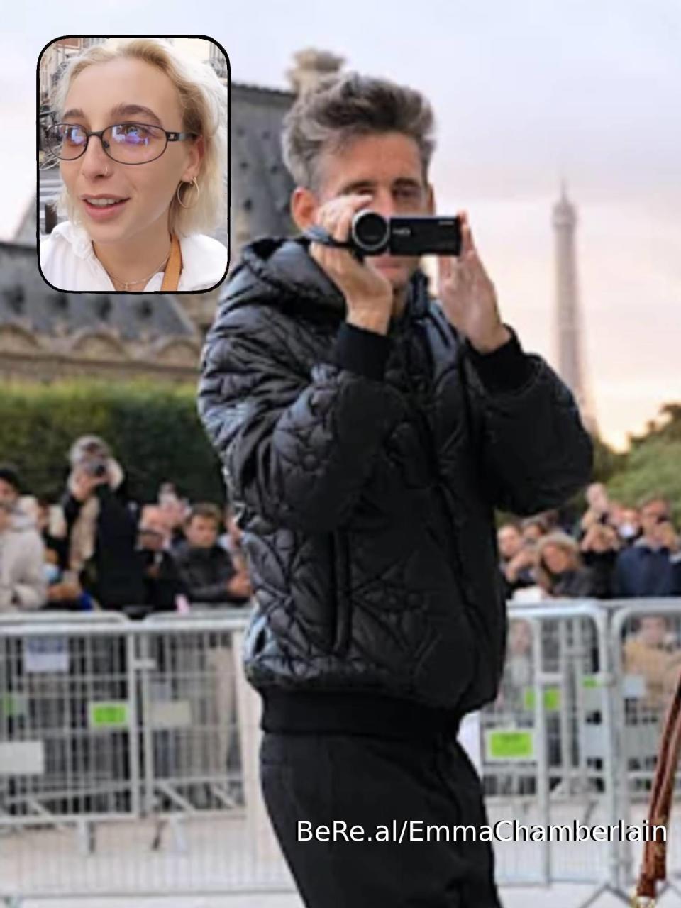 Emma Chamberlain looking at her father, who is recording her on a camcorder