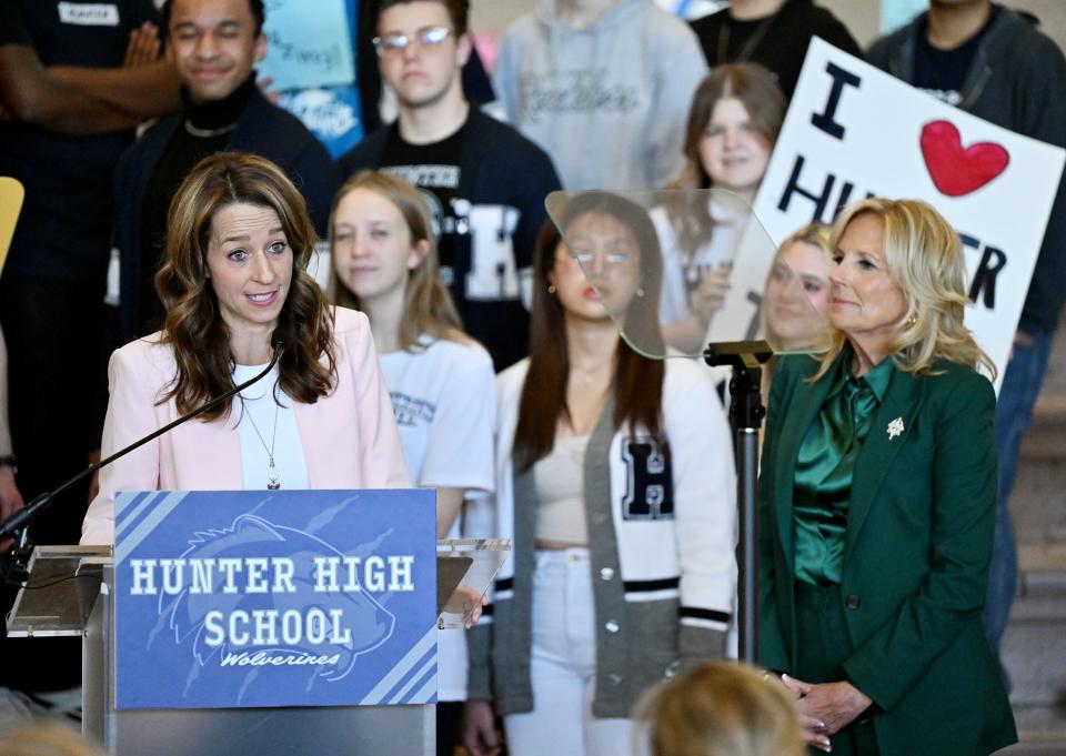 First lady of Utah Abby Cox speaks as she joins with first lady Jill Biden and U.S. Surgeon General Vivek Murthy for a visit to Hunter High School in West Valley City on Tuesday, Jan. 16, 2024. | Scott G Winterton, Deseret News