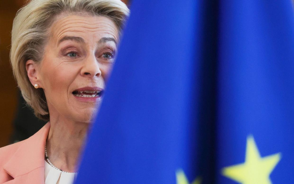 European Commission President Ursula von der Leyen speaks at the start of the European weekly Commission college meeting in Brussels, Belgium