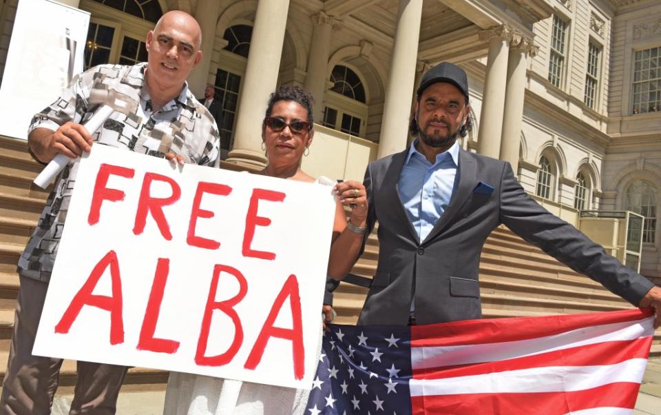 Supporters of Alba outside City Hall at a rally for the clerk on July 13, 2022. Gregory P. Mango