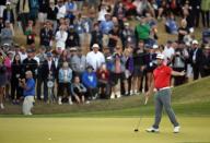 Jan 21, 2018; La Quinta, CA, USA; Jon Rahm reacts after missing a putt on the 18th green in the second playoff hole during the final round of the CareerBuilder Challenge golf tournament at PGA West TPC Stadium Course. Mandatory Credit: Joe Camporeale-USA TODAY Sports