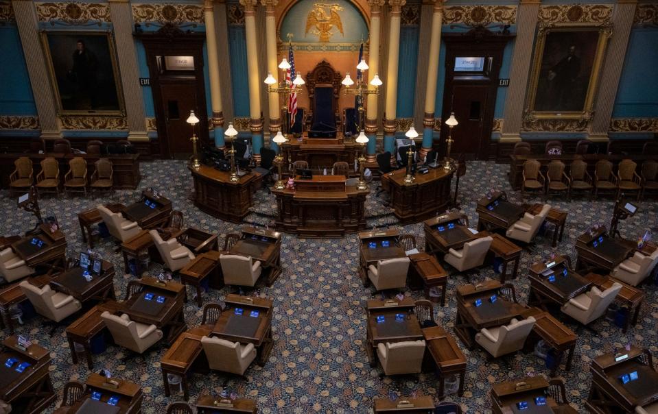 The Michigan Senate Chamber inside the Michigan State Capitol during a school tour in Lansing on Wednesday, Dec. 13, 2023.