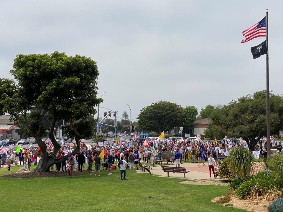 Protesters gather along the lawn of the Ventura County Government Center on May 9, 2020, to support fully reopening California from coronavirus restrictions, the second such rally in a little more than a week.