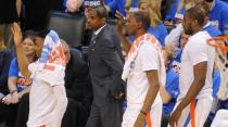 Apr 16, 2016; Oklahoma City, OK, USA; Oklahoma City Thunder guard Russell Westbrook (0) forward Kevin Durant (35) and forward Serge Ibaka (9) react after a play against the Dallas Mavericks during the fourth quarter in game one of their first round NBA Playoffs series at Chesapeake Energy Arena. Mandatory Credit: Mark D. Smith-USA TODAY Sports