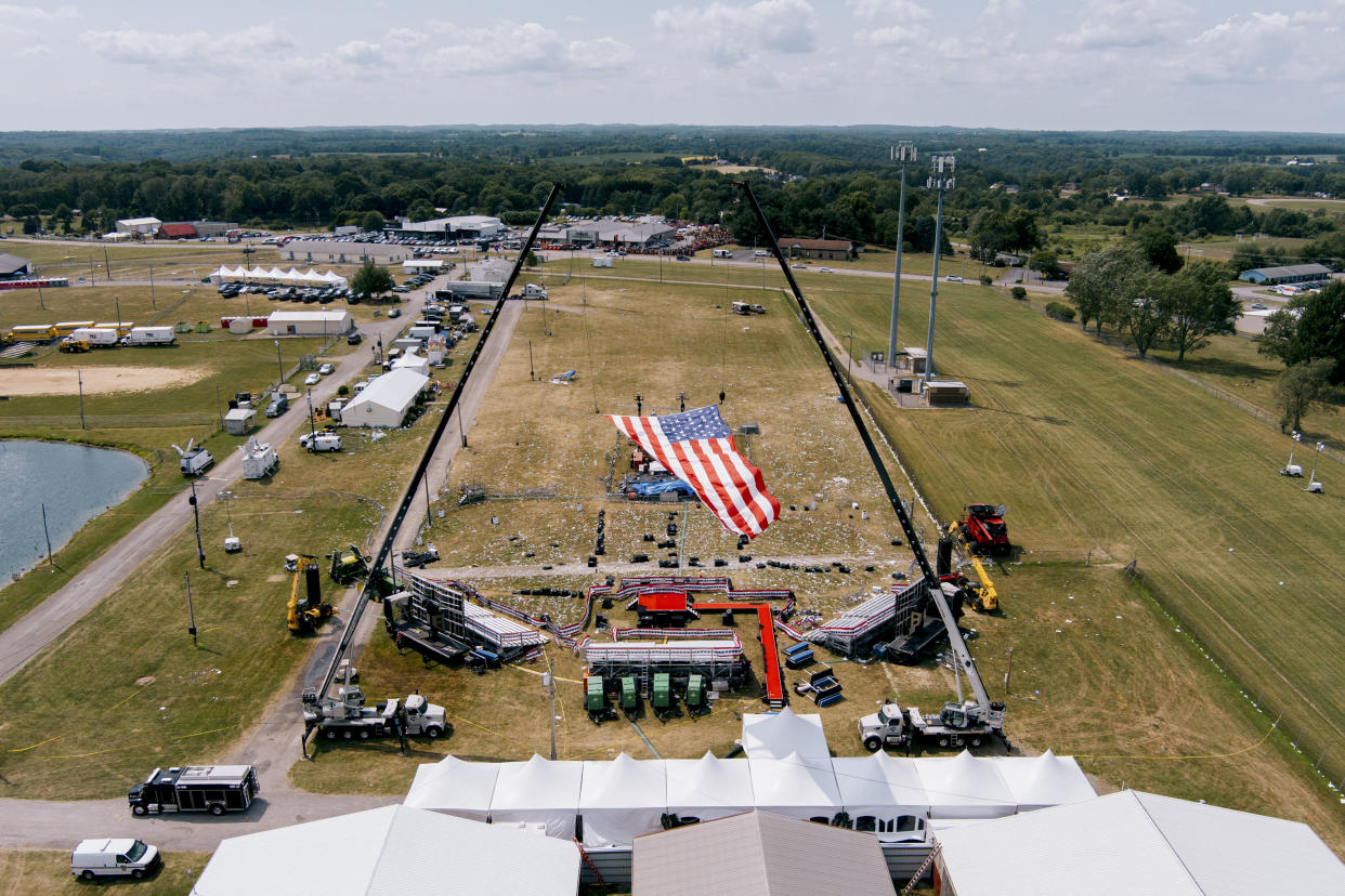 An aerial view on Monday, July 15, 2024, of the Butler Farm Show grounds in Butler, Pa., where a gunman attempted to assassinate former President Donald Trump during a campaign rally on Saturday. (Kristian Thacker/The New York Times)