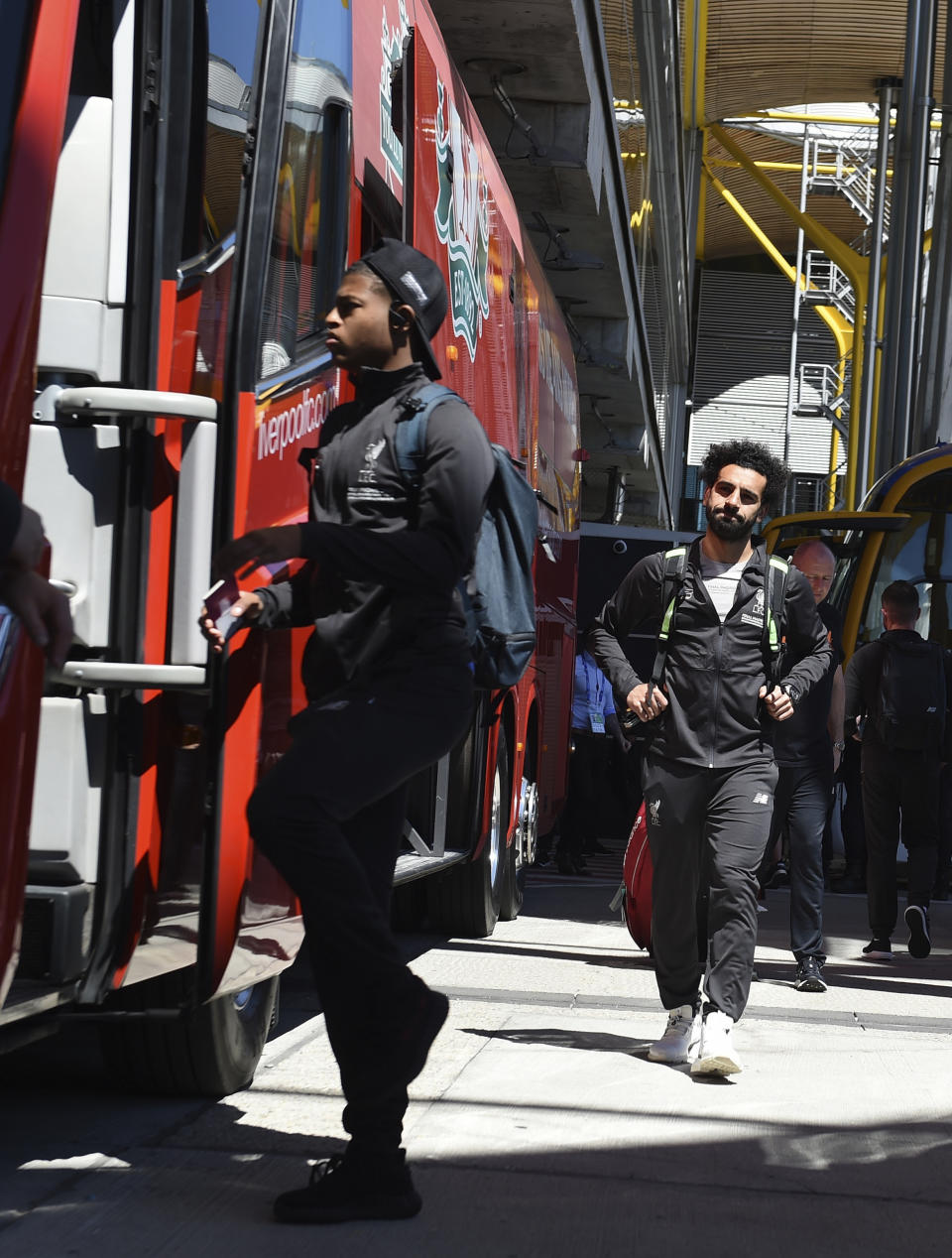 Handout photo provided by UEFA of Liverpool's Mohamed Salah as the team arrive at Adolfo Suarez Madrid-Barajas Airport, Madrid.