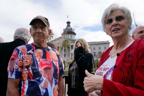 PHOTO: Bob Roach of Columbia, S.C., left, and his sister Carolyn Church, of Lexington, stand outside the South Carolina Statehouse as they arrive to attend a campaign event for former President Donald Trump, on Jan. 28, 2023, in Columbia, S.C. (Alex Brandon/AP)