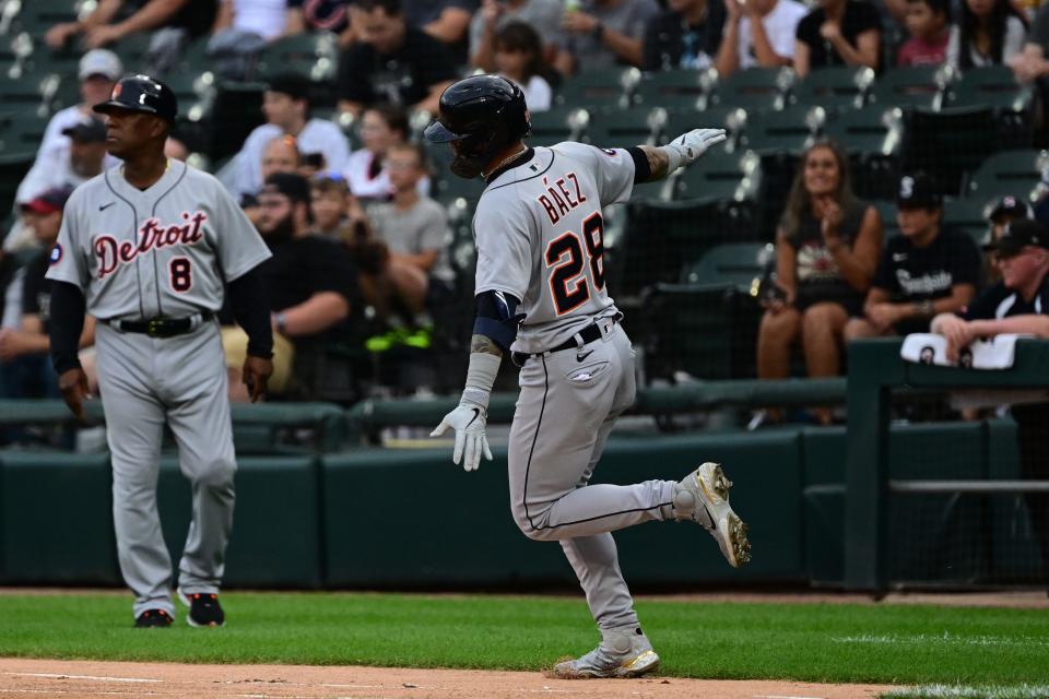 Tigers shortstop Javier Baez reacts after his single in the first inning against the White Sox on Saturday, Aug. 13, 2022, in Chicago.