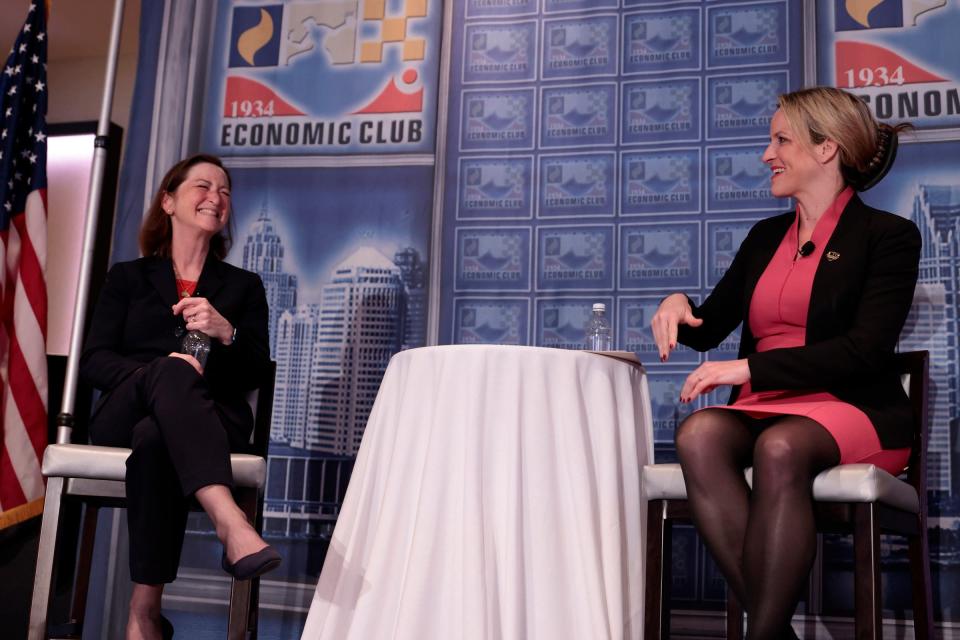 Former U.S. Attorney Barbara McQuade, left, and Michigan Secretary of State Jocelyn Benson, right, on stage for a Detroit Economic Club event on April 23, 2024.