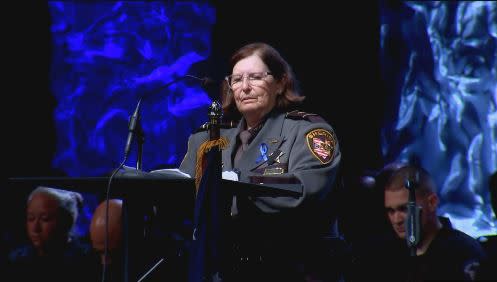 Clark County Sheriff Deborah Burchett speaks during the funeral services for fallen Deputy Matthew Yates. (WHIO Staff)