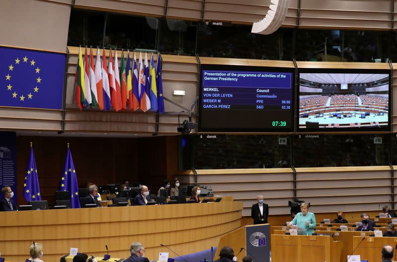 German Chancellor Angela Merkel attends a plenary session at the European Parliament in Brussels