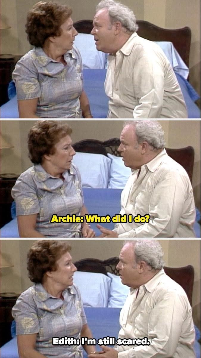 Edith telling Archie she's still scared while they sit together in bed