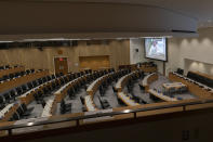 King Salman, of Saudi Arabia, is seen on a video screen in Conference Room 2 remotely addressing the 75th session of the United Nations General Assembly, Wednesday, Sept. 23, 2020, at U.N. headquarters. (AP Photo/Mary Altaffer)