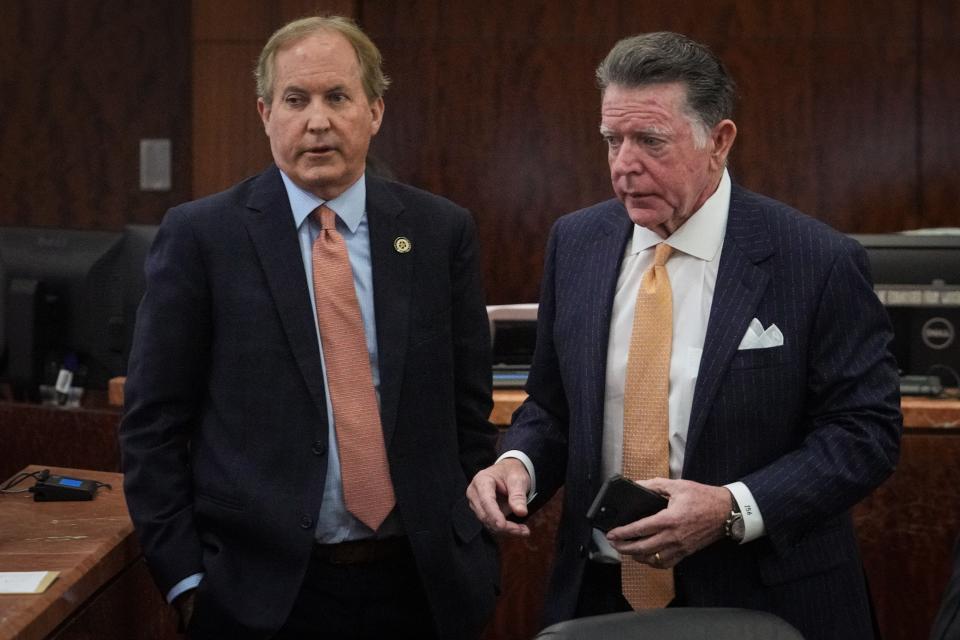 Texas Attorney General Ken Paxton, left, said he is going after PFLAG for allegedly hiding "incriminating documents" that he feels will answer the question of whether "medical providers are committing insurance fraud in order to circumvent" Senate Bill 14.