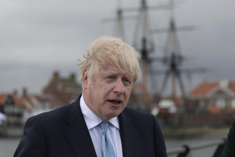 British Prime Minister Boris Johnson speaks to the media after Conservative Party candidate Jill Mortimer won the Hartlepool by-election, at Hartlepool Marina, in Hartlepool, north east England, Friday, May 7, 2021. Britain's governing Conservative Party made further inroads in the north of England on Friday, winning a by-election in the post-industrial town of Hartlepool for a parliamentary seat that the main opposition Labour Party had held since its creation in 1974. (AP Photo/Scott Heppell)