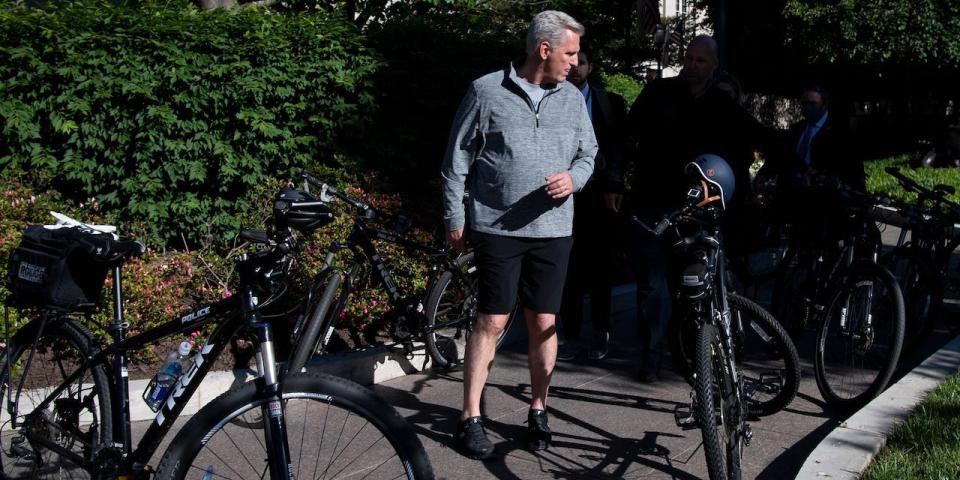 House Minority Leader Kevin McCarthy, R-Calif., attends the Black The Blue Bike Tour event at the National Law Enforcement Officers Memorial in Washington on Thursday, May 13, 2021.