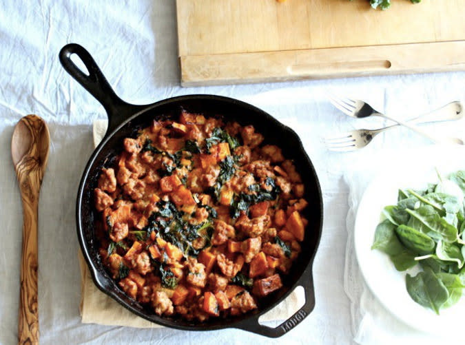 Butternut Sausage Bake with Kale and Tomato Cream
