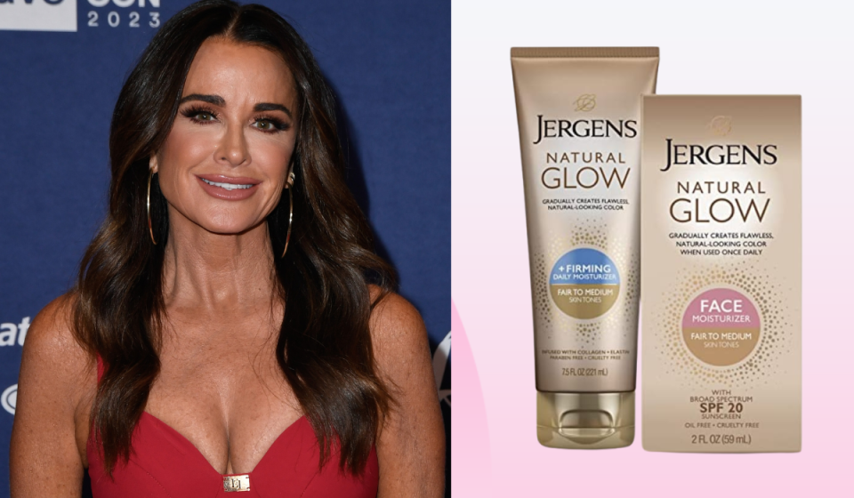 Kyle RIchards / bottle of Jergens Natural Glow and box of Jergens Natural Glow face moisturizer