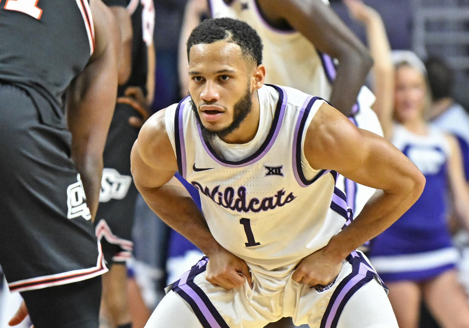 MANHATTAN, KS - JANUARY 10:  Markquis Nowell #1 of the Kansas State Wildcats gets set on defense against the Oklahoma State Cowboys in the second half at Bramlage Coliseum on January 10, 2023 in Manhattan, Kansas.  (Photo by Peter G. Aiken/Getty Images)