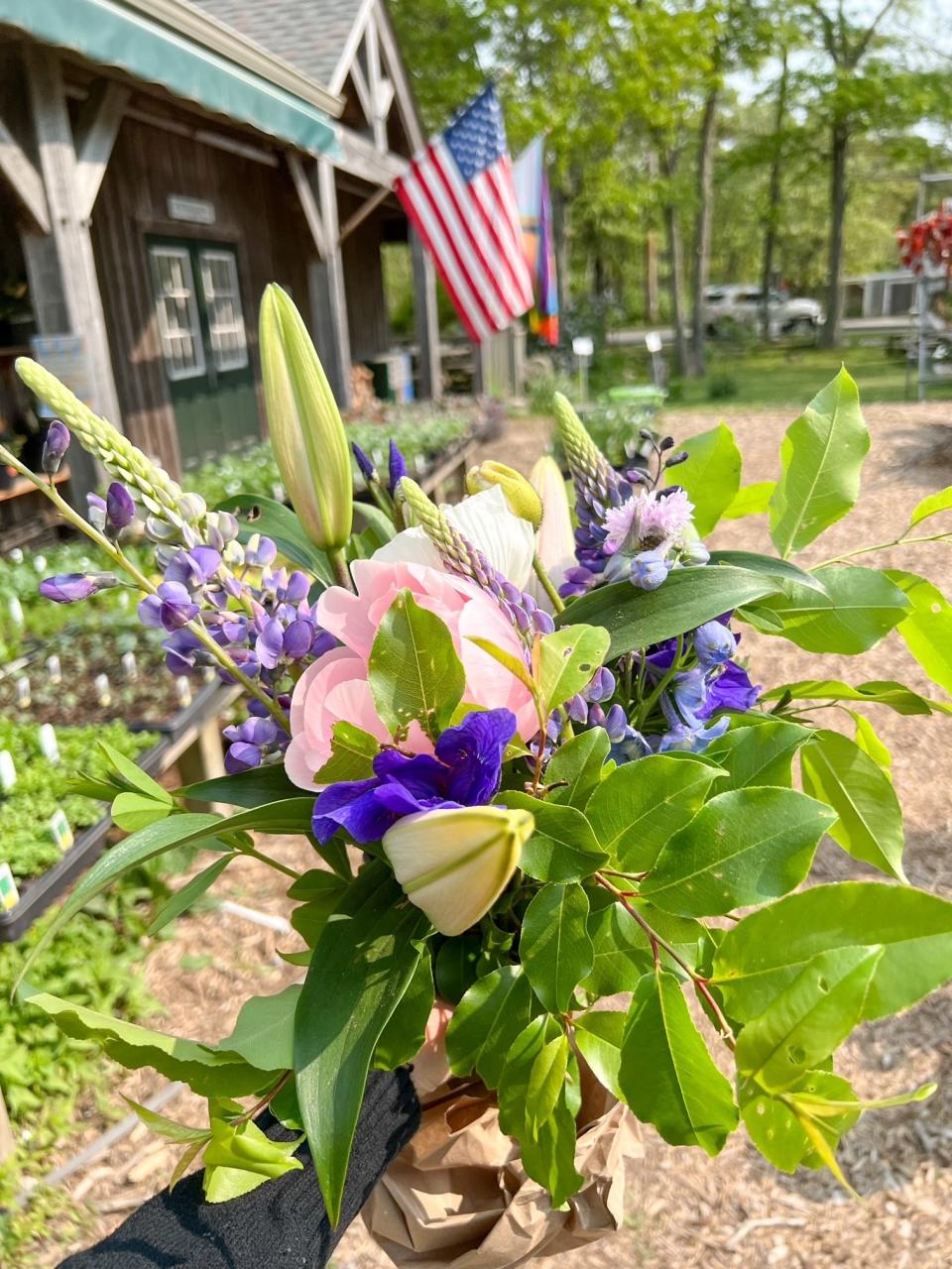 A bouquet of flowers in a hand.