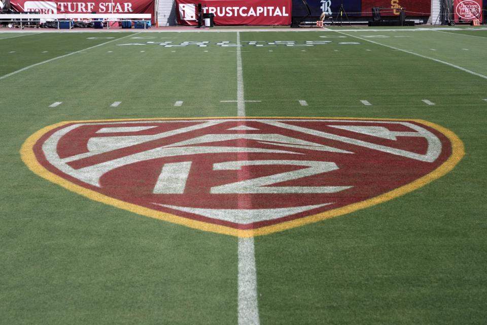 Sep 3, 2022; Los Angeles, California, USA; A detailed view of the Pac-12 Conference logo at United Airlines Field at Los Angeles Memorial Coliseum. Mandatory Credit: Kirby Lee-USA TODAY Sports